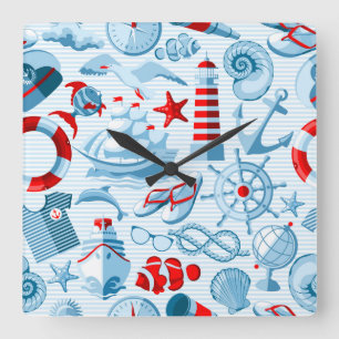 Nautical Red White And Blue Pattern Quadratische Wanduhr