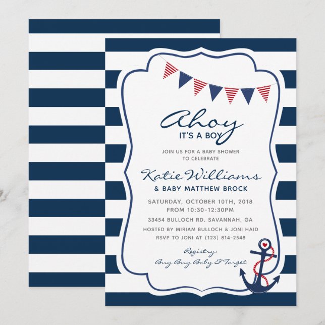 Nautical Red White Blue Anchor Boy Baby Dusche Einladung (Vorne/Hinten)