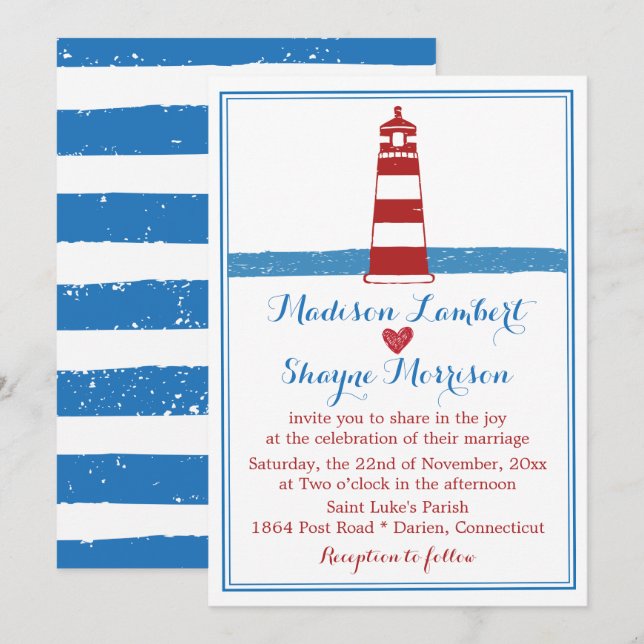 Nautical Red White Lighthouse Blue Stripes Wedding Einladung (Vorne/Hinten)