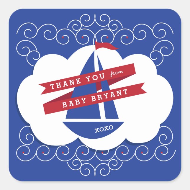 Nautical Red White Navy Blue Baby Dusche Quadratischer Aufkleber (Vorderseite)