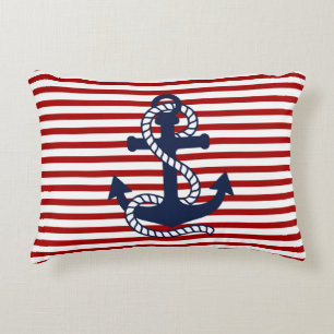 Nautical Red White Strips und Blauer Anker Dekokissen