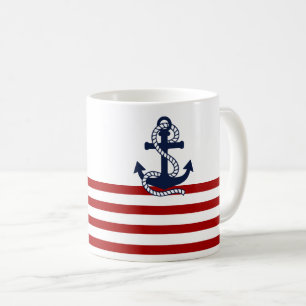 Nautical Red White Strips und Blauer Anker Kaffeetasse