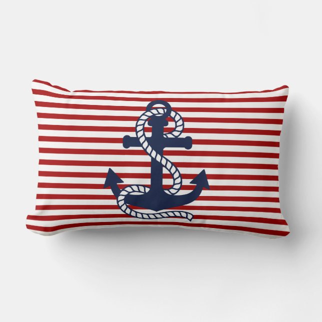 Nautical Red White Strips und Blauer Anker Lendenkissen (Vorderseite)