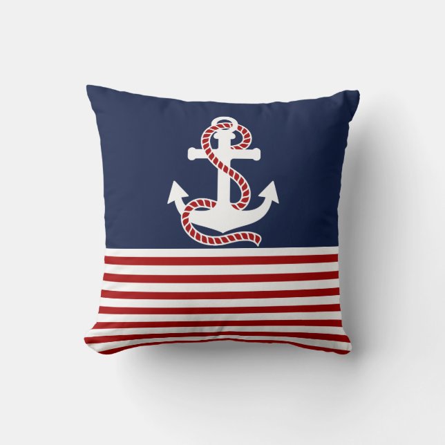 Nautical Red White Strips und White Anchor Kissen (Vorderseite)