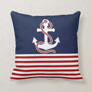 Nautical Red White Strips und White Anchor Kissen