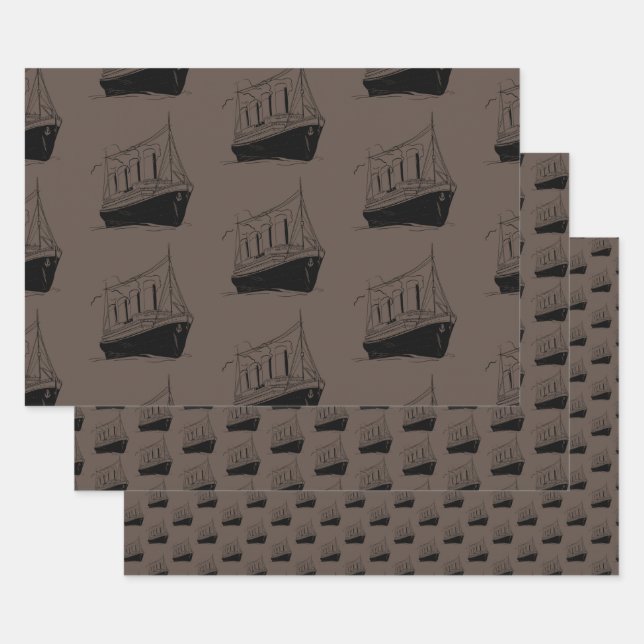 Nautical Retro Brown and Black Ship Sailing Boat Geschenkpapier Set (Set)