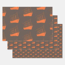 Nautical Retro Brown Orange Ship Boat Geschenkpapier Set