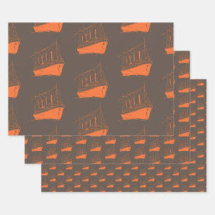 Nautical Retro Brown Orange Ship Boat Geschenkpapier Set