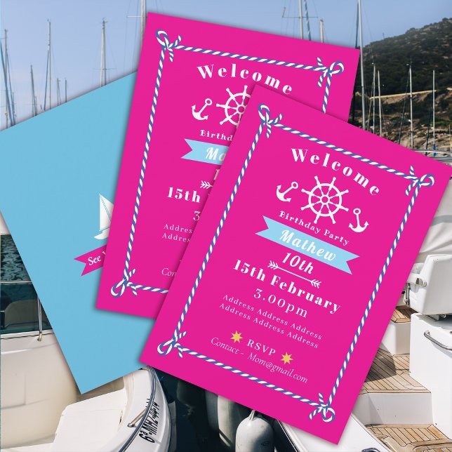 Nautical Rope Birthday Pink Einladung (Nautical Rope Birthday Invitation Pink Card.)