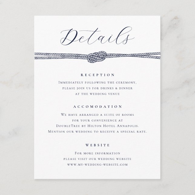Nautical Rope Knot Elegante Details Hochzeit Begleitkarte (Vorderseite)