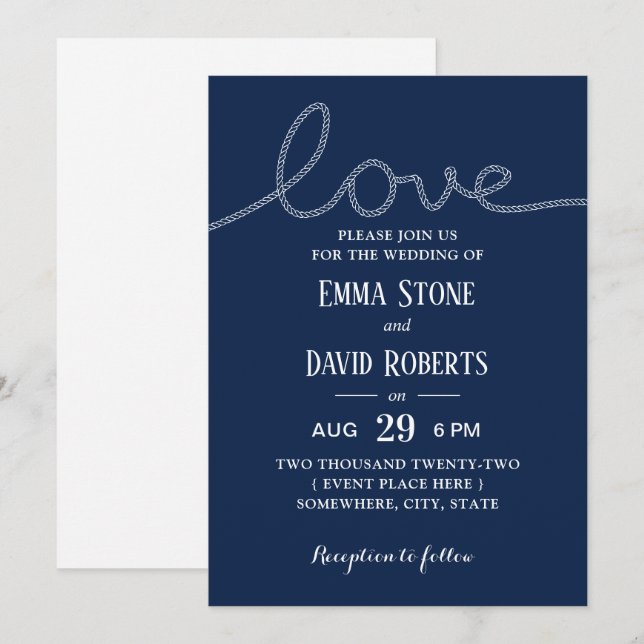 Nautical Rope Liebe Navy Blue Summer Wedding Einladung (Vorne/Hinten)