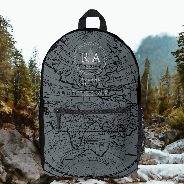 Nautical Rope Monogram Map Black Grey Bedruckter Rucksack (Nautical Map Monogram Traveller Grey Backpack.)