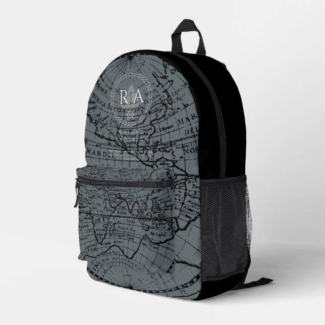 Nautical Rope Monogram Map Black Grey Bedruckter Rucksack (Rückseitige Ecke Rechts)