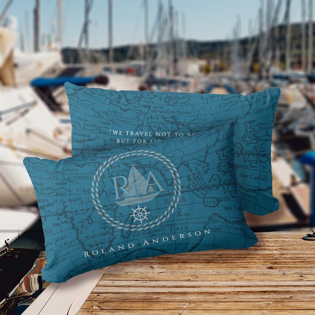 Nautical Rope Monogram Map Blue Lendenkissen (Nautical Map Monogram Traveller Blue Accent Pillow.)