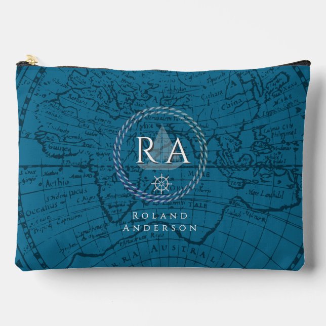 Nautical Rope Monogram Map Blue Zubehörtasche (Vorderseite)