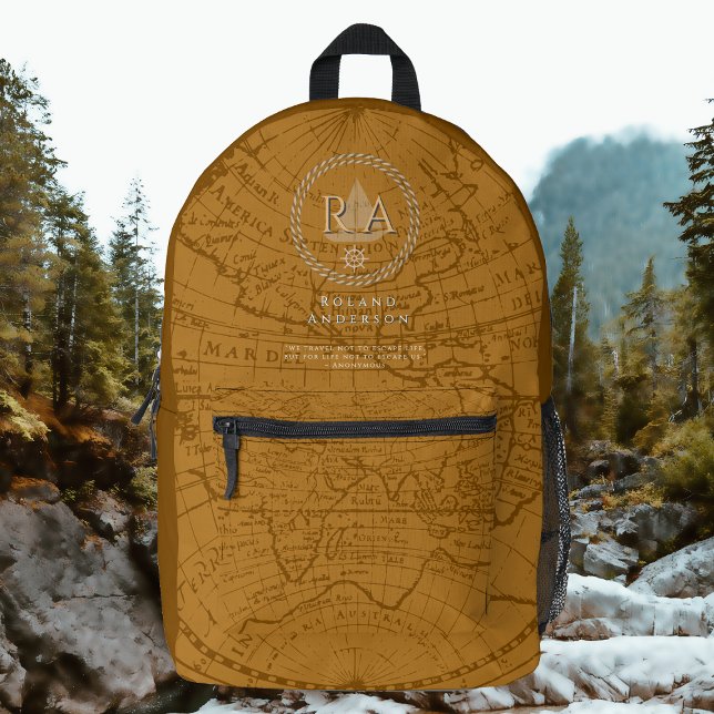 Nautical Rope Monogram Map Brown Bedruckter Rucksack (Nautical Map Monogram Traveller Brown Backpack.)