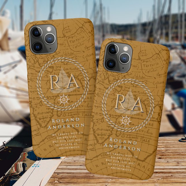 Nautical Rope Monogram Map Brown Case-Mate iPhone Hülle (Nautical Map Monogram Traveller Brown iPhone Case.)