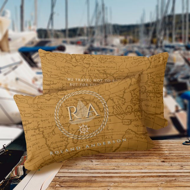 Nautical Rope Monogram Map Brown Lendenkissen (Nautical Map Monogram Traveller Brown Accent Pillow.)