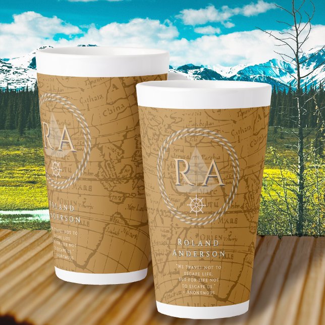 Nautical Rope Monogram Map Brown Milchtasse (Nautical Map Monogram Traveller Brown Latte Mug.)