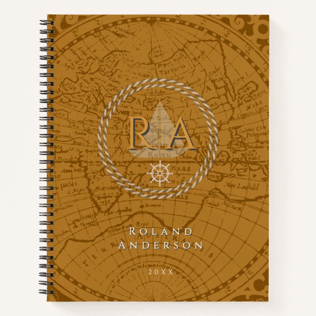 Nautical Rope Monogram Map Brown Notizbuch (Vorderseite)