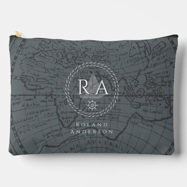 Nautical Rope Monogram Map Grey Zubehörtasche (Vorderseite)