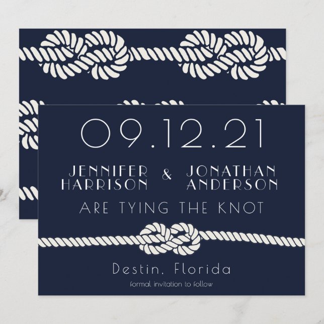 Nautical Rope Navy White Beach Hochzeittypografie Save The Date (Vorne/Hinten)