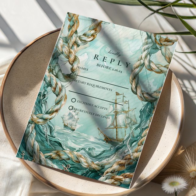 Nautical Rope Voyage Wedding RSVP Karte (Von Creator hochgeladen)