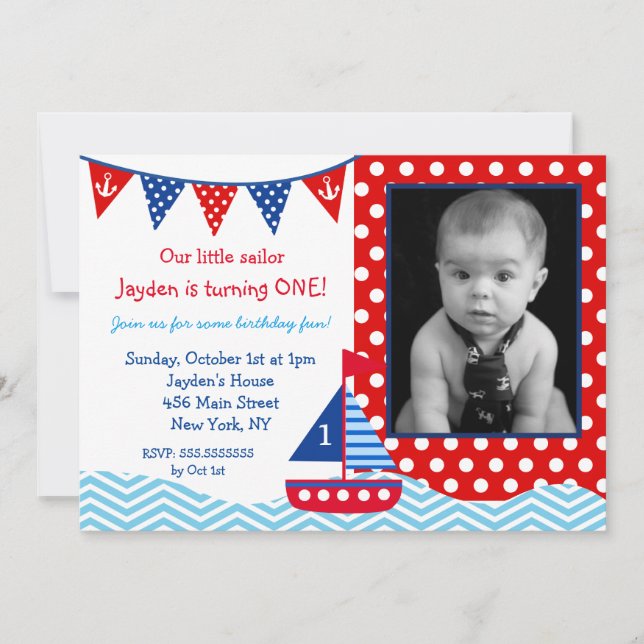 Nautical Sailboat 1er anniversaire Invitation (Devant)