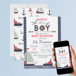Nautical Sailboat Ahoy Baby Boy Dusche Einladung