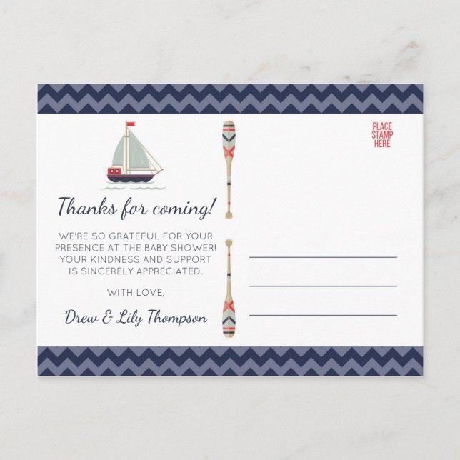 Nautical Sailboat Ahoy Baby Boy Dusche Vielen Dank Postkarte (Vorderseite)