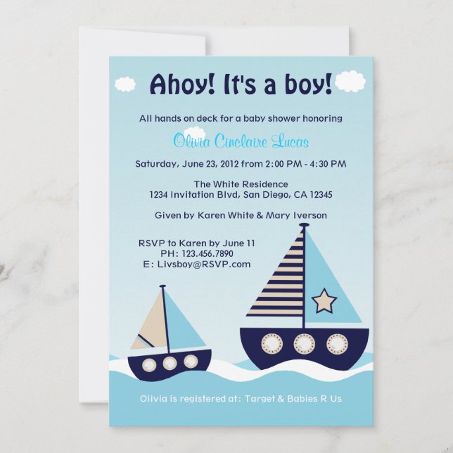 Nautical Sailboat Baby Boy Baby Dusche Einladung (Vorderseite)