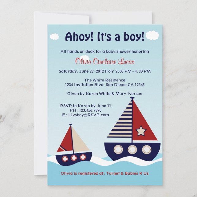 Nautical Sailboat Baby Boy Baby Dusche Einladung (Vorderseite)