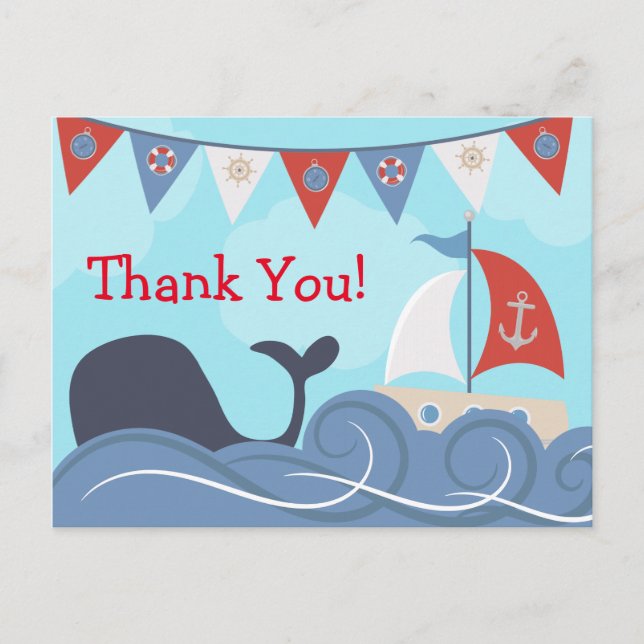 Nautical Sailboat Beach Ocean Whale Vielen Dank Postkarte (Vorderseite)