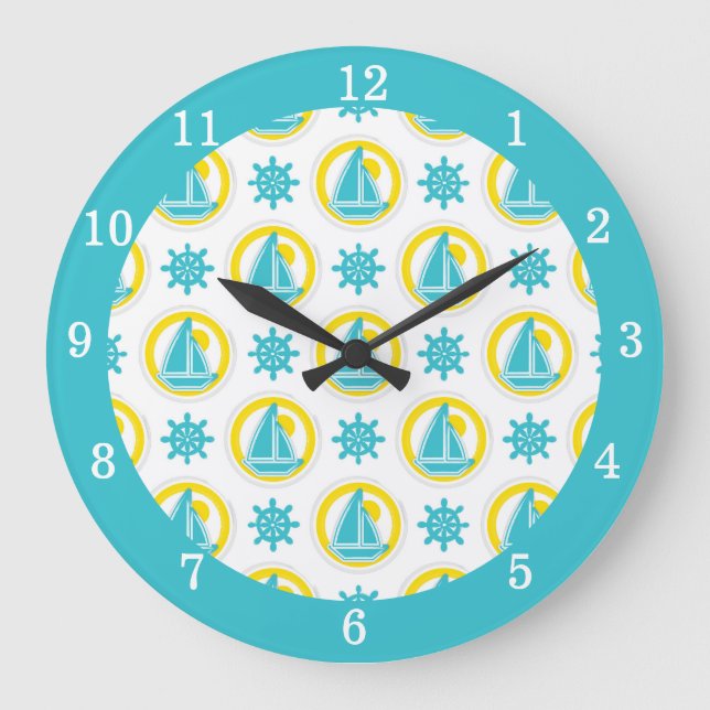 Nautical Sailboat Blue Yellow Ocean Lake House Große Wanduhr (Vorderseite)