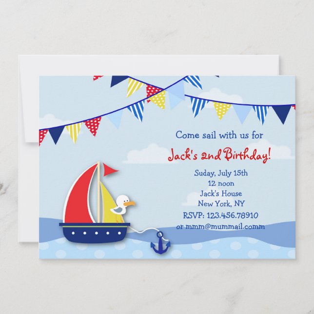 Nautical Sailboat Geburtstagsparty Einladungen (Vorderseite)