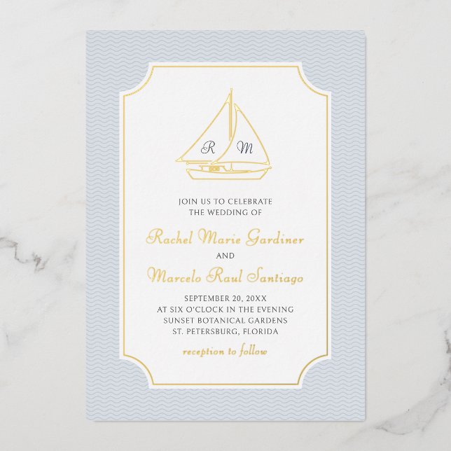 Nautical Sailboat Minimalist Preppy Wedding Folieneinladung (Vorderseite)