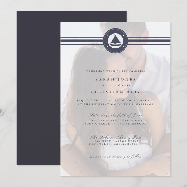 Nautical Sailboat Navy Blue Foto Hochzeit  Einladung (Vorne/Hinten)