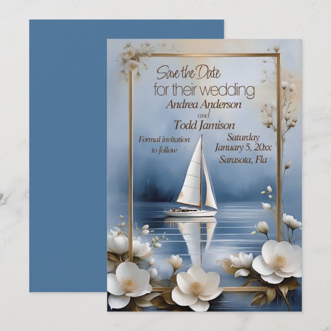 Nautical sailboat with flower frame wedding save the date (Vorne/Hinten)