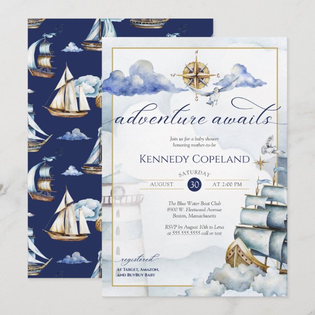 Nautical Sailing Ship New Adventure Baby Shower in Einladung (Vorne/Hinten)