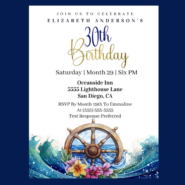 Nautical Sailing Wheel 30th Birthday Einladung (Nautical sailing wheel 30th birthday invitation with ocean waves and tropical flowers
)