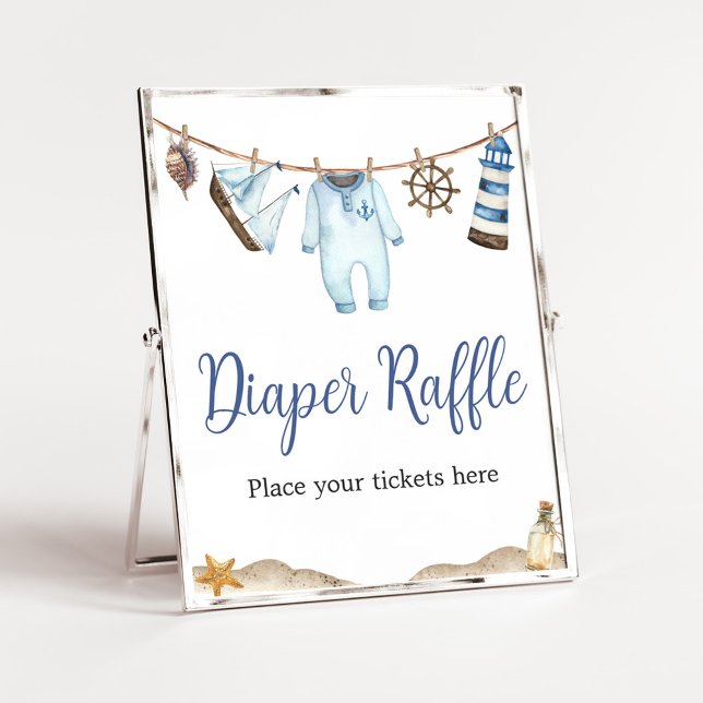 Nautical Sailor Ahoy Baby Dusche Windeln Windeln R Poster (Nautical Ahoy Baby Shower Diaper Raffle Sign)