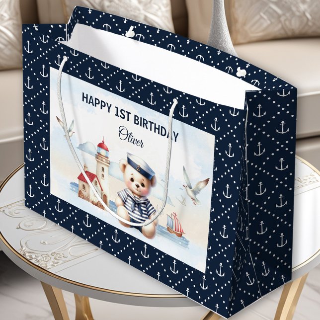 Nautical Sailor Niedlich Bären Marine Boy 1. Gebur Große Geschenktüte (Nautical Sailor Cute Bear Navy Boy 1st Birthday Large Gift Bag)