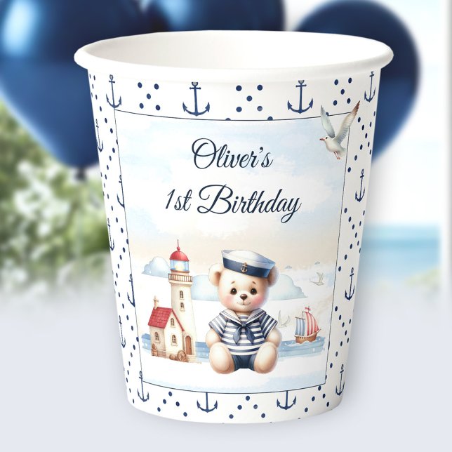 Nautical Sailor Niedlich Bären Sommer 1. Geburtsta Pappbecher (Nautical Sailor Cute Bear Summer 1st Birthday Paper Cups)