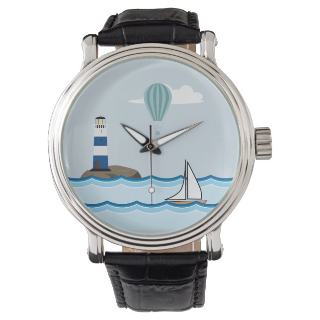 Nautical Scene with Lighthouse and Sailboat Armbanduhr (Vorderseite)