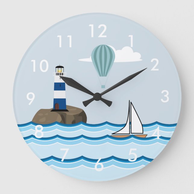 Nautical Scene with Lighthouse and Sailboat Große Wanduhr (Vorderseite)