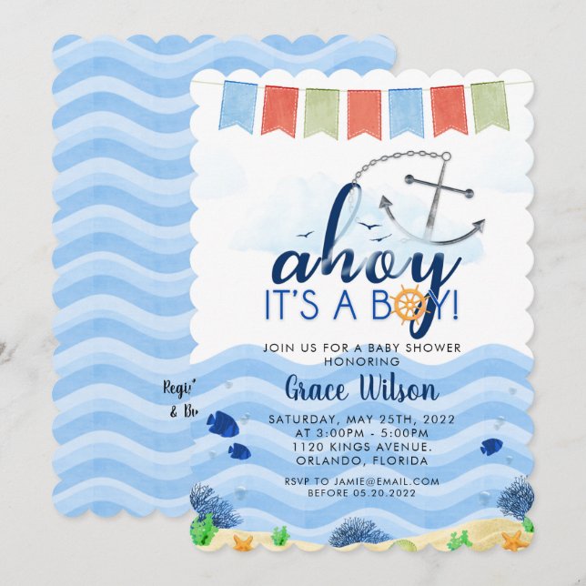 Nautical Sea Ahoy Die junge Babydusche lädt Sie ei Einladung (Vorne/Hinten)