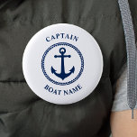 Nautical Sea Anchor Captain Boat Name Navy Button<br><div class="desc">Navy Blue Nautical Sea Anchor und Ihr Personalisierter Bootsname und die individuell anpassbare Captain Rank Button.</div>