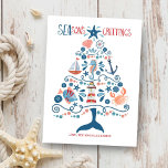 Nautical Seas and Greetings Beach Weihnachtsbaum Feiertagskarte<br><div class="desc">Die Beachte Holiday Grußkarte zeigt ein Muster von tropischen Fischen,  Leuchtturm,  Wal-Schwanz,  Muschel,  Seesterne,  Krabben,  Sand Dollar,  Segelboot,  Seepferd und Kapitän's Rad in Form eines Weihnachtsbaumes mit "SEAson's Greetings" in einem coolen nautischen Schriftart. Original-Kunstwerk KL Stock.</div>