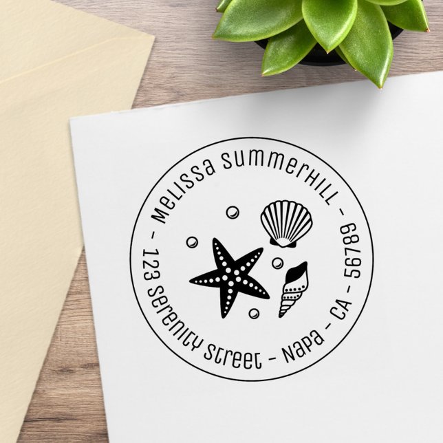 Nautical Seashell Starfish Pearls Round-Address Gummistempel (Von Creator hochgeladen)