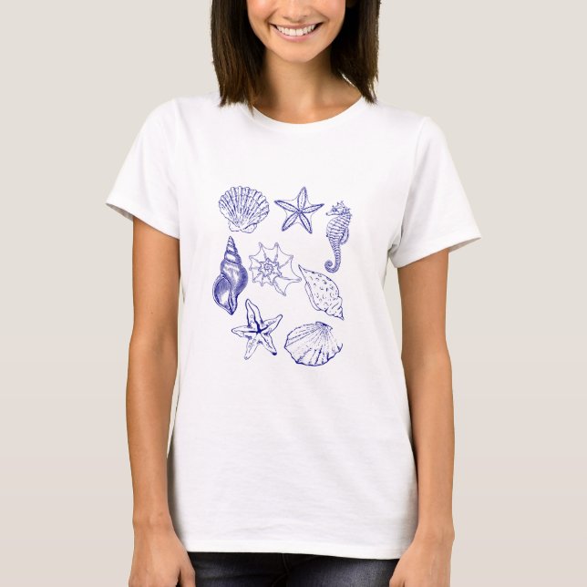 Nautical Seashell T - Shirt - Blue Line Art Ocean (Vorderseite)